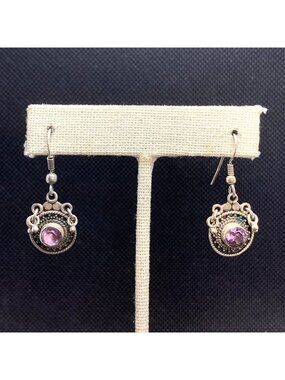 Fine Amethyst Bezel Set Dangle Earrings Sterling Silver 925 Size 1.25'' Length
